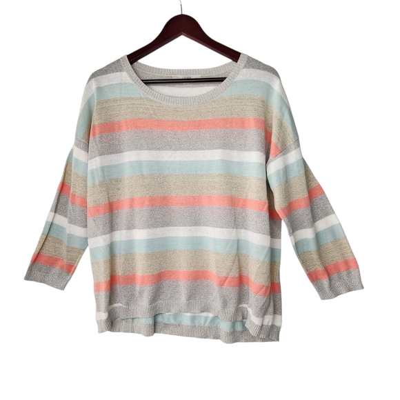 LOFT Pastel Striped Crew Neck Sweater Size L Lightweight Shimmer Tan, Pink, Grey - Picture 1 of 10